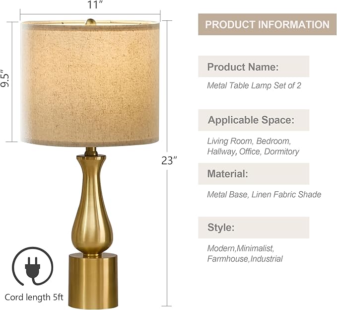 23" Rustic Gold Table Lamps - Set of 2 for Living Room, Bedroom, or Sofa - Oatmeal Shade