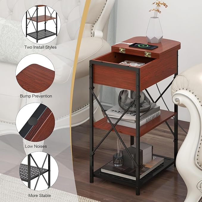 Narrow Side Table with Charging Station, End Table with 3 USB Ports and 2 AC Outlets, Flip Top End Table with Storage, End Tables Living Room, Nightstand with Drawer for Bedroom, Cherry