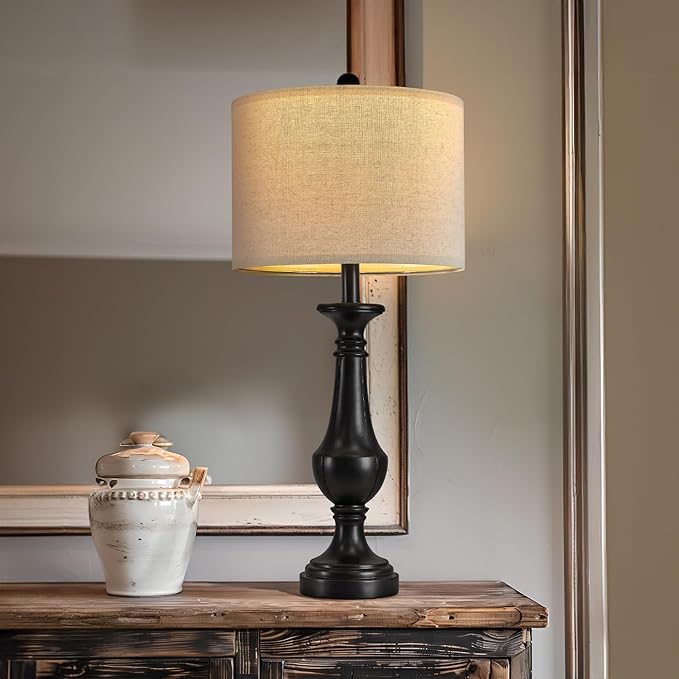 PoKat 27.5" Farmhouse Table Lamp for Living Room, Mid Century Tall Table Lamp for Bedroom, Bedside Lamps for Night Stands, Wood Bedroom Lamp for End Table, Traditional Lamp, Distressed Black