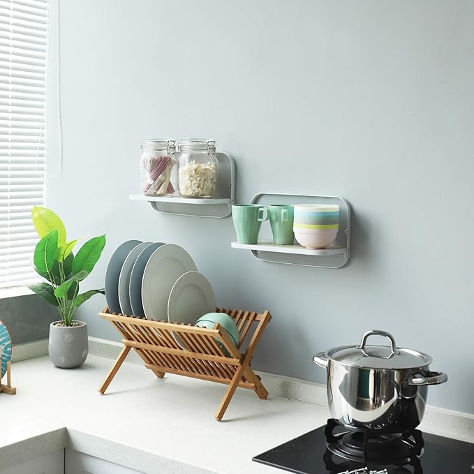 WELLAND Arlington Floating Shelves Set of 2 | Folding Display Wall Shelves | Walnut Grain Wooden Board & Metal Frame | 12" W x 5" D x 7" H | White (Upgraded)