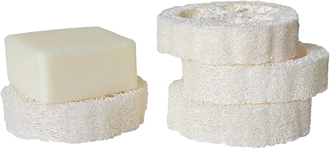 4 Pack Natural Luffa Soap Saver Pads – 2.75 Inch Fast Drying, Anti-Slip Loofah Soap Dish for Shower, Sink & Bathroom – Natural Loofah Soap Holder