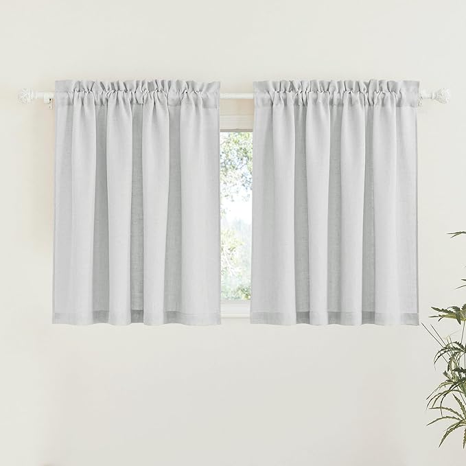 RYB HOME Privacy Sheer Valances for Windows, Semi-Sheer Curtains for Kitchen Small Window Drapes, Dual Rod Pocket & Linen Textured Design, Dove Grey, W 52 in by L 36 in Each Panel, Set of 2