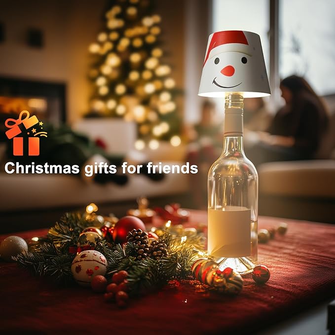 Wireless Bottle Lamp Shade,Rechargeable LED Portable Cordless Table Lamp, 3 Colors Stepless Dimming Touch Wine Bottle Lights for Outdoor Bars Dining Bedroom (Snowman)