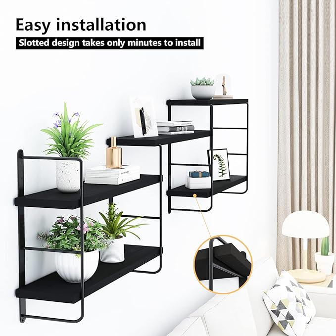 Wall Mounted Floating Shelves, Wall Shelves, Rustic Wall Decor Wood Shelves for Bedroom, Living Room, Bathroom and Kitchen Storage, Easy Installation (5, Black)