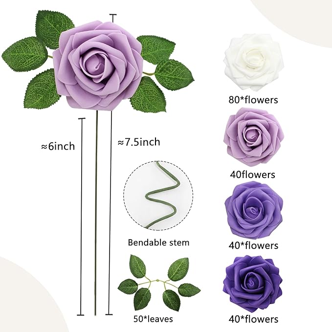 200PCS Artificial Flowers Purple Mixed Series Roses Real Looking Foam Fake Roses with Leaves and for DIY Wedding Bouquets Bridal Shower Centerpieces Party Decorations (Purple Series, 200)