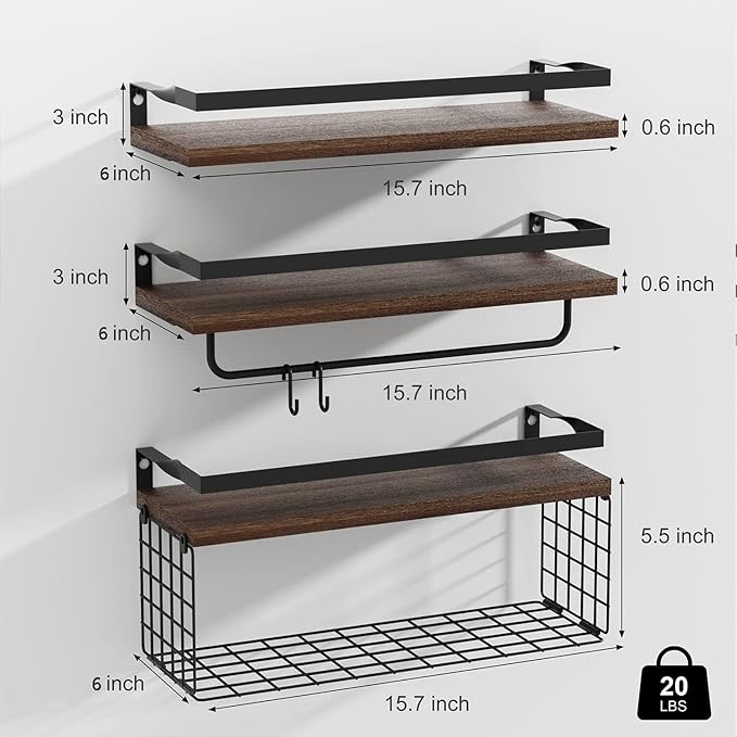 Towel Racks for Bathroom Wall Mounted,3PCS Floating Shelves with Storage Basket, Bathroom Organizers, Wall Mounted Rustic Wood Shelves for Bedroom, Living Room, Kitchen(Dark Brown)
