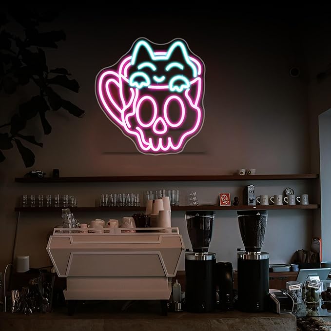 Neon Sign, HSJNJKFU Cat Coffee Cup Neon Signs for Wall Decor LED Sign for Room Cafe Home Party Birthday Bar Beer Signs - USB Powered.