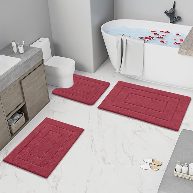 Buganda Bathroom Rugs, 24" x 16", Soft and Absorbent Microfiber Bath Rugs, Non-Slip Shaggy Shower Carpet, Machine Wash Dry Bath Mats for Bathroom Floor, Tub and Shower, Burgundy