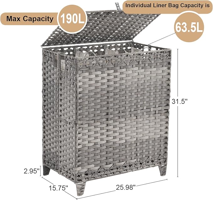 Laundry Hamper with Lid, 190L Large Laundry Basket 3 Section with 6 Removable Liner Bags & 3 Mesh Laundry Bags, Handwoven Rattan Clothes Hamper with Heightened Feet, No Install Needed, Grey