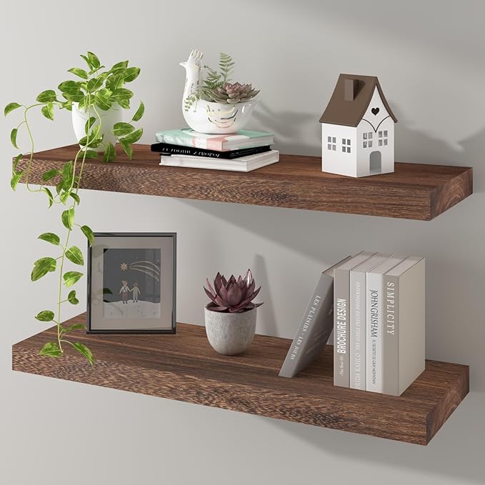 Floating Shelves 24 Inch Wall Shelf Solid Wood Mounted Storage for Bedroom Living Room Set of 2, Rustic Brown Wall Shelves