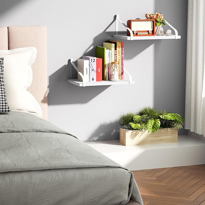 Love-KANKEI Floating Shelves Wall Mount Rustic Solid Wood Wall Shelves with Large Storage L16.5 x W12 inch for Kitchen Living Room Bathroom Bedroom Set of 2 White and White Brackets
