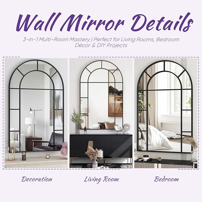 Bathroom Mirror, 32x48 Arched Wall Mirror, Black Wall-Mounted Mirrors, Bathroom Vanity Mirror, Mirrors for Over Sink, Bathroom, Living Room, Bedroom, Entryway