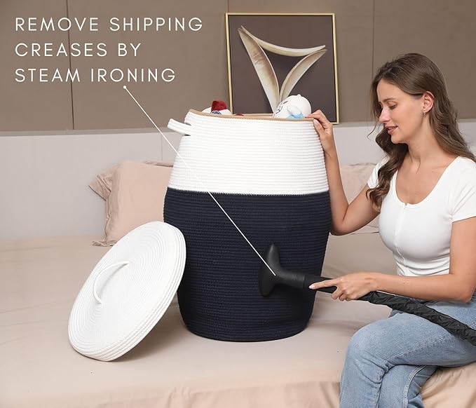 26" x 20" Tall Extra Large Storage Basket with Lid, Cotton Rope Storage Baskets, Woven Laundry Hamper with Cover, for Clothes Blanket in Living Room, Dark Blue/Beige Line