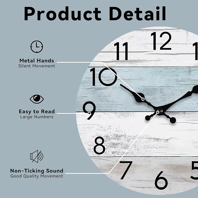 Wall Clock Silent Non-Ticking Wooden Clocks Battery Operated 8 Inch Small Country Retro Rustic and Beach Style Decorative for Kitchen, Home, Bathroom, Bedroom (Blue)