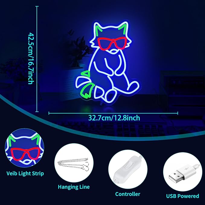 Neon Sign, HSJNJKFU Fox Neon Signs for Wall Decor LED Neon Light for Room Decor Cute Animal LED Light Neon Bar Sings for Man Cave USB Powered