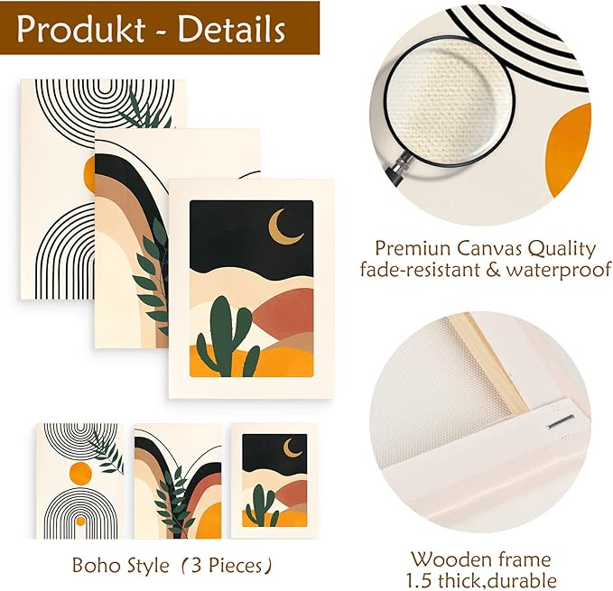 puthiac Boho Wall Art Posters - Set of 3 Framed Canvas Minimalist Neutral Abstract Artwork Modern Boho Home Wall Decor for Office Living Room Bedroom Bathroom Home Decor