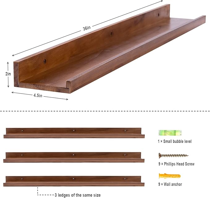 MBYD 36 Inch Photo Picture Ledge Shelf, Light Walnut Floating Wall Nursery Book Shelves Floating Bookshelf for Kids Bedroom Bathroom Kitchen Home Decoration, Set of 3