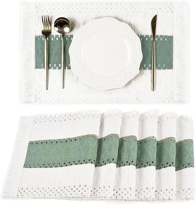 FEXIA Sage Green Boho Placemats Set of 6, Macrame Table Decor and Farmhouse Style Placemats Natural Cotton Burlap, for Dining Table