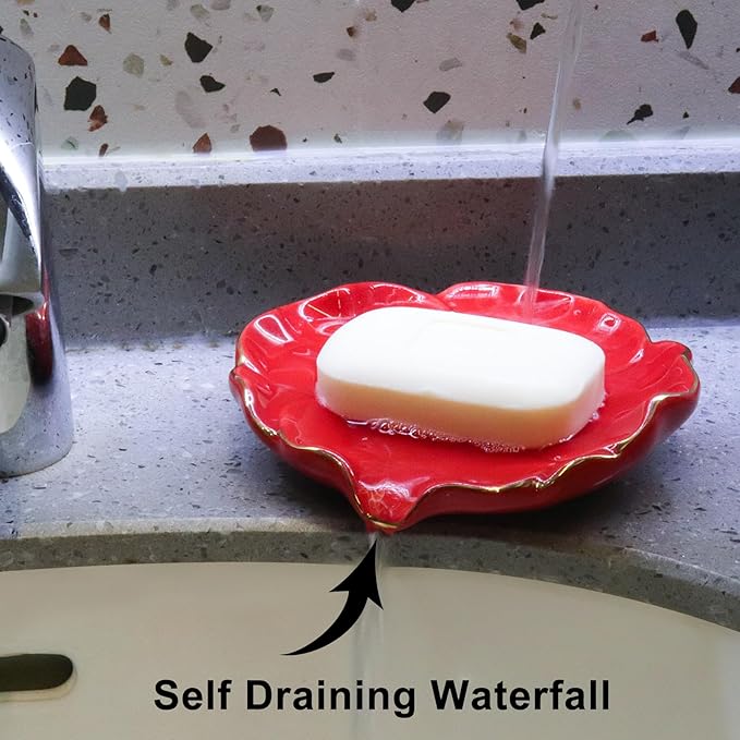 Ceramic Self Draining Soap Dish Red Hibiscus Flower Waterfall Soap Dish Soap Savers for Bathroom,Shower,Bar Counter
