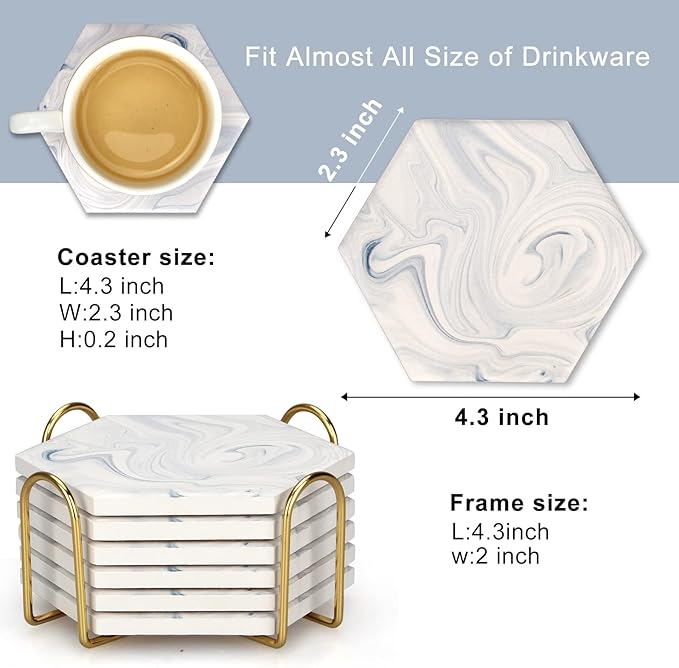 6 Pcs Hexagon White Marble Ceramic Coasters Set with Holder Best Absorbent Stone Coasters Cool Drink Personalized Wine Bar Coasters Beverage Coffee Cup Coasters for Table