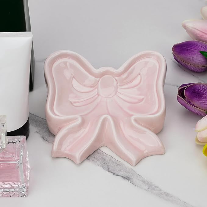 Bowknot Soap Dish, Bow Shaped Ceramic Drain Soap Box, Ceramic Soap Dish for Bathroom, Sinks, Kitchen (Pink)