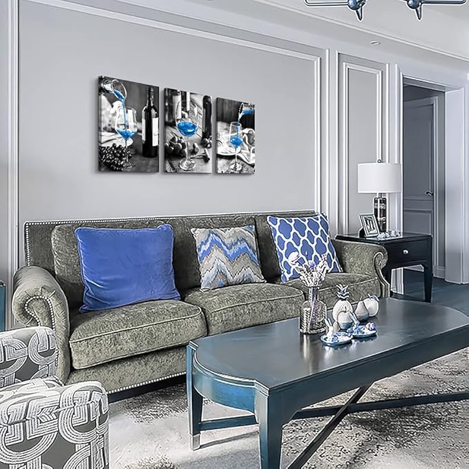 Canvas Wall Art For Kitchen Wall Decor For Dining Room Black And White Wine Glasses Painting Modern Blue Wine Canvas Art Prints Ready To Hang Pictures For Restaurant Home Decorations 16"X24" 3 Pieces