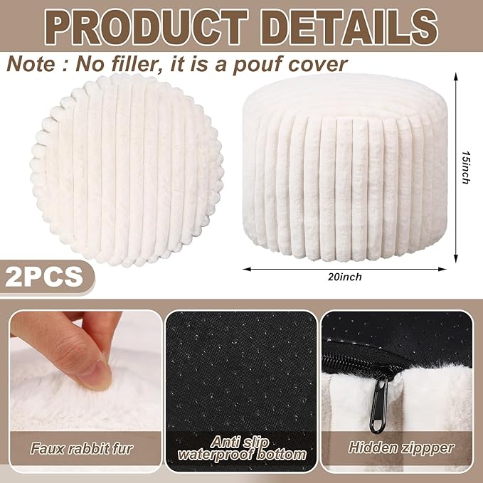 2 Pcs 20 x 15 Inch Unstuffed Pouf Cover Ottoman Foot Rest - No Filler, Faux Rabbit Fur Foot Stool Floor Bean Bag Floor Chair Storage for Living Room Bedroom Home Decor(Beige)