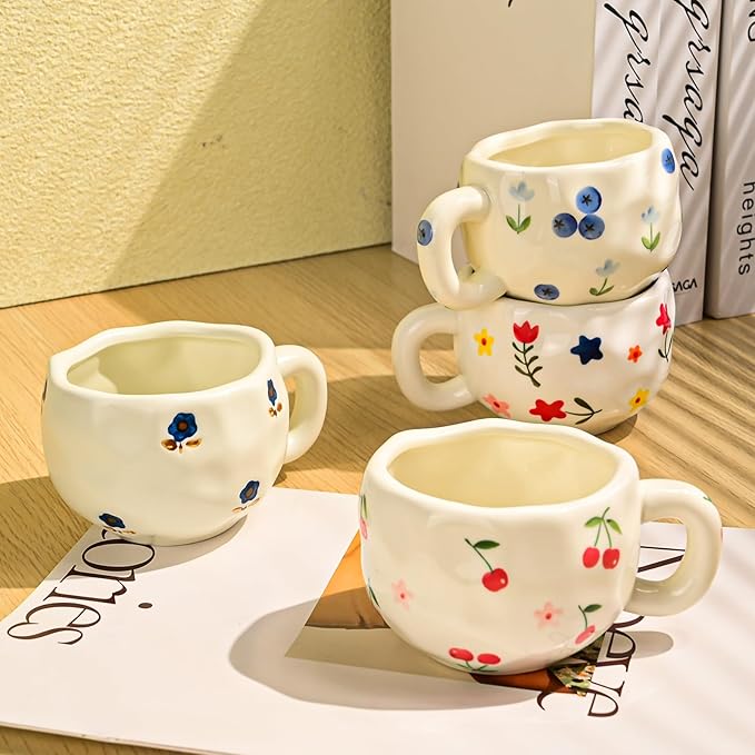 4 Pcs Ceramic Coffee Mugs Set of 4, 10 oz Hand Painted Floral Mug Cute Flower Cup Aesthetic Latte Art Cups for Office and Home Vintage Tea Cup for Cappuccino, Cocoa, Espresso - Microwave Safe
