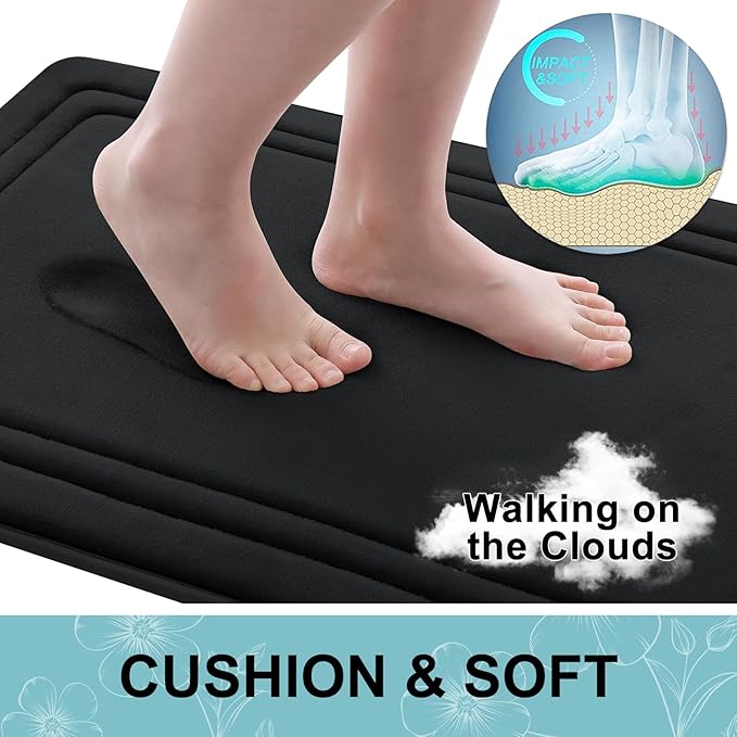 Grandaily Memory Foam Bath Mat Rug 40x32, Ultra Soft, Non-Slip and Absorbent Bathroom Rugs, Machine Wash Dry, Comfortable Bath Carpet for Bathroom Floor, Tub and Shower, Black