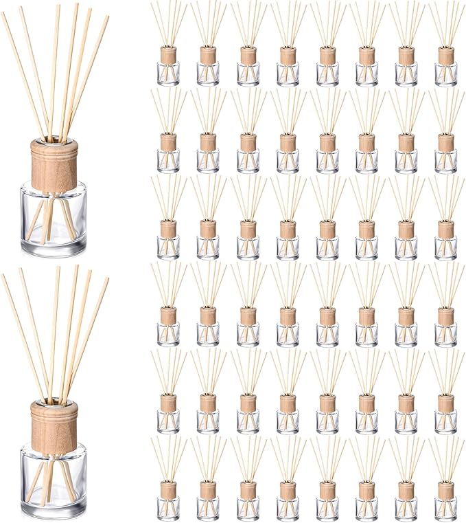 Roshtia 50 Set Reed Diffuser Bottle Empty Refillable Fragrance Glass Diffuser Bottles Set with Wooden Caps Rattan Sticks 50ml 1.7 oz Round Glass Jars for DIY Fragrance