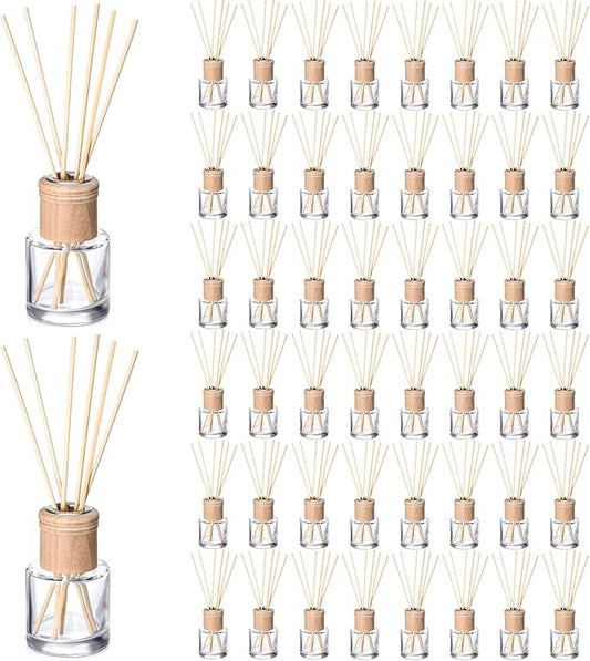 Roshtia 50 Set Reed Diffuser Bottle Empty Refillable Fragrance Glass Diffuser Bottles Set with Wooden Caps Rattan Sticks 50ml 1.7 oz Round Glass Jars for DIY Fragrance