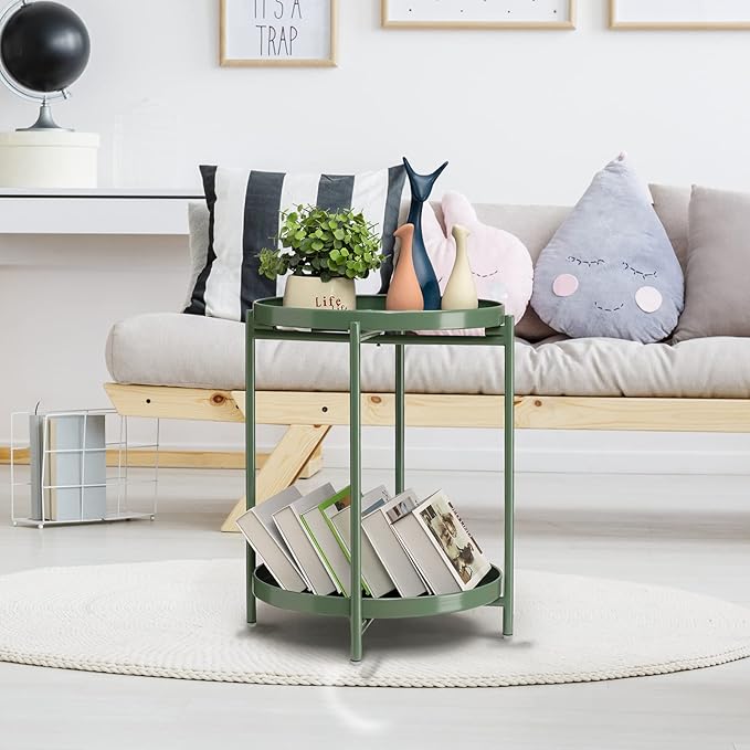 TeoKJ 2 Tier Green Side Table, Folding Round Metal End Table Small Nightstand with Two Removable Tray for Bedroom Living Room Bedside Small Spaces Dark Green