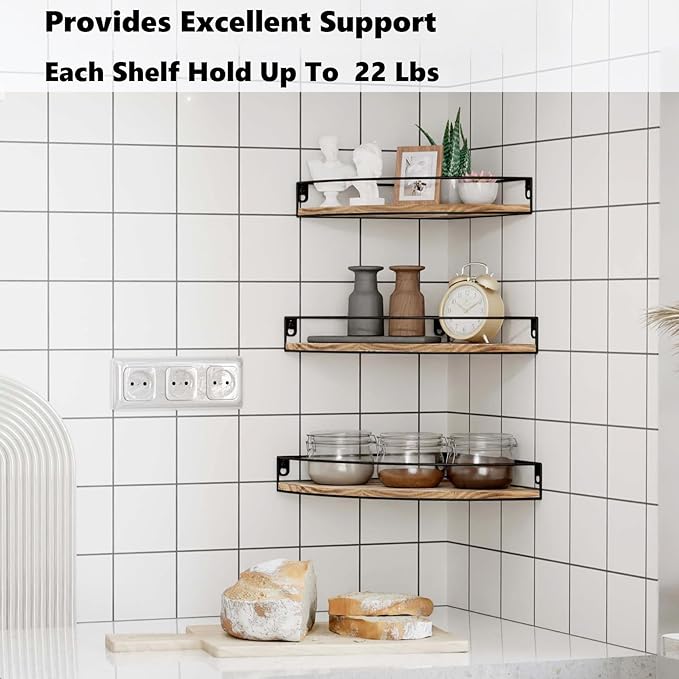 Corner Shelf Wall Mounted, Corner Floating Shelves for Wall, Wood Storage with Cable Hole for Kitchen Living Room Bedroom Bathroom, Rustic Brown Set of 3