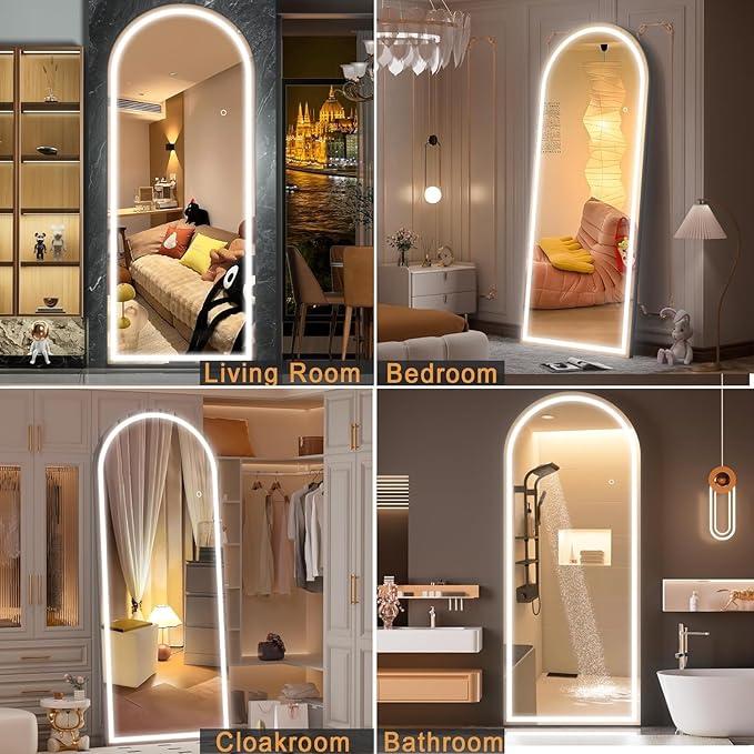 71" x 26" Arched Full Length Mirror with LED Lights, Floor Mirror with Stand, Wall Mirrors Full Length, Body Floor Mirrors, Wall Mounted for Bedroom, Dimmable, Tempered Glass