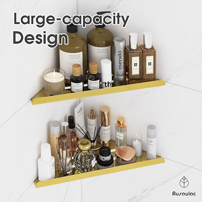 Shower Corner Shelf,304 Stainless Steel Shower Caddy, No Drill Shower Shelf,Won't Fall Off Shower Organizer, Large Capacity Floating Corner Shower Shelves Shampoo Holder (Gold 2-Pack)