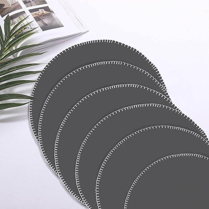 Urban VillaPlacemats Embroidery with White Stitches Grey Color Round Placemats 100% Cotton Fused Placemats 16'' Round Over Sized Set of 6 Ribbed WeavePlacemats Heavier Quality