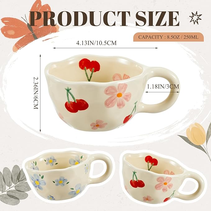 Vesici 2 Pcs Ceramic Coffee Mugs Flower Cups with Spoon Vintage Floral Mugs with Handle 8.5 oz Aesthetic Tea Porcelain Cup Gift for Valentine Office Home, Dishwasher and Microwave Safe(Lovely)