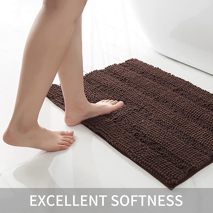 Bath Mat for Bathroom Ultra-Soft Machine Washable Rugs for Shower Room with Non-Slip Backing Shaggy Absorbent Luxury Chenille Bath Rug Perfect for Tub Sink Bedroom Door (20"x32", Coffee)