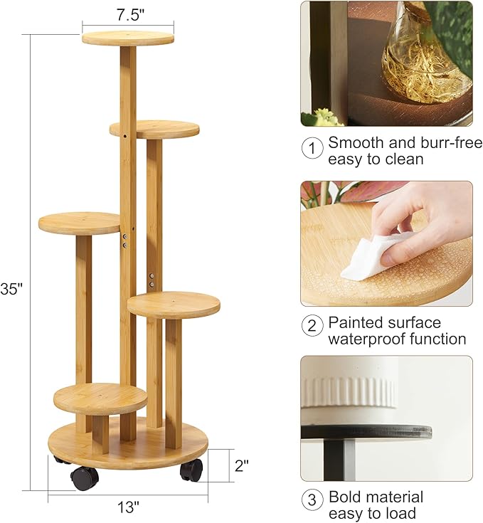 FILWH Plant Stand For Outdoor Indoor Tall Bamboo Flower Stand with Wheels Plant Shelf Pot Holder Plants Corner Display Rack for Balcony Garden Patio(Natural)