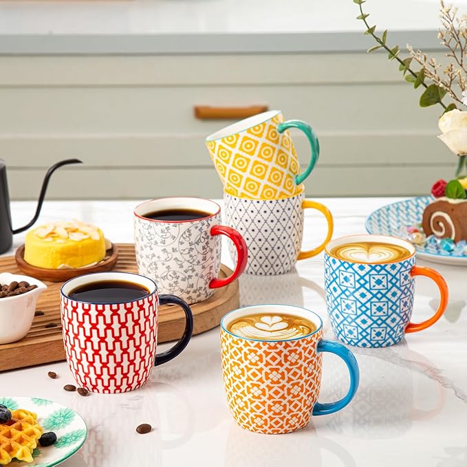 Ceramic Coffee Mugs Set - 10 Oz Large Porcelain Tea Cups with Handle for Milk Cappuccino Latte Tea Cocoa - Microwave Dishwasher Safe - Christmas Housewarming Gift -Set of 6 - Assorted Colors