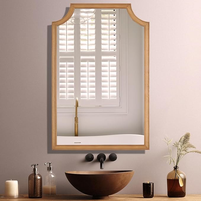 WallBeyond Scalloped Wood Mirror for Small Bathroom Vanity 20x30 Inch Rectangle Wall Mirror Decor for Hallway Bedroom Living Room Home (Natural)