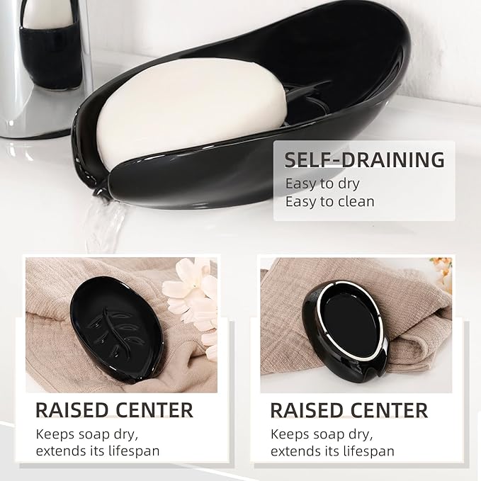 Soap Holder, Self Draining Soap Dishes 2PCS, Leaf Shape Ceramic Bar Soap Holder Drain Soap Dishes for Bathroom Sink Kitchen, Easy to Clean Keeps Soap Dry, Black, ANTIS'S HOME