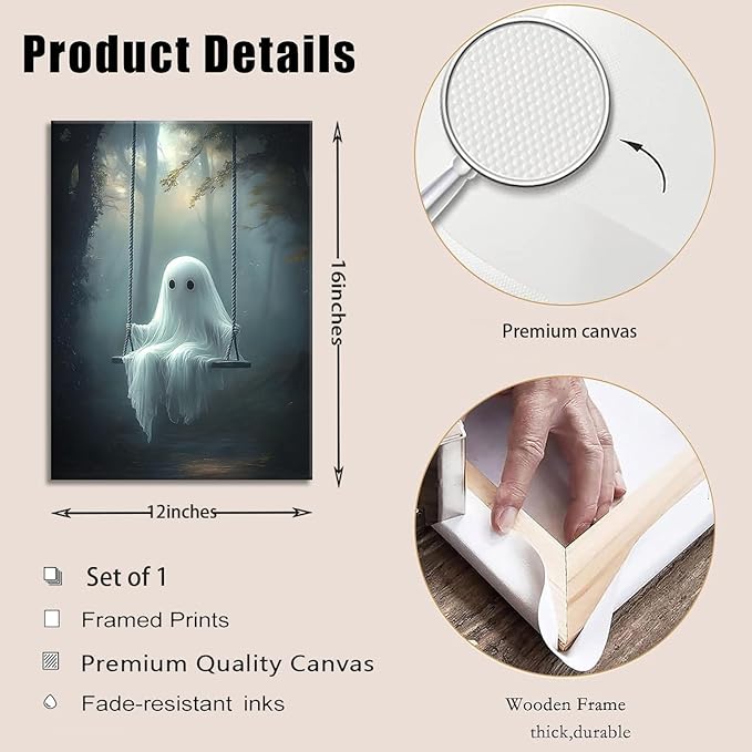ILLBDR Cute Ghost Canvas Wall Art Halloween Decor Vintage Painting, Spooky Silhouette Ghost Haunted House Art, Bedroom Gothic Decor Ready to Hang, 12x16 Inch Framed