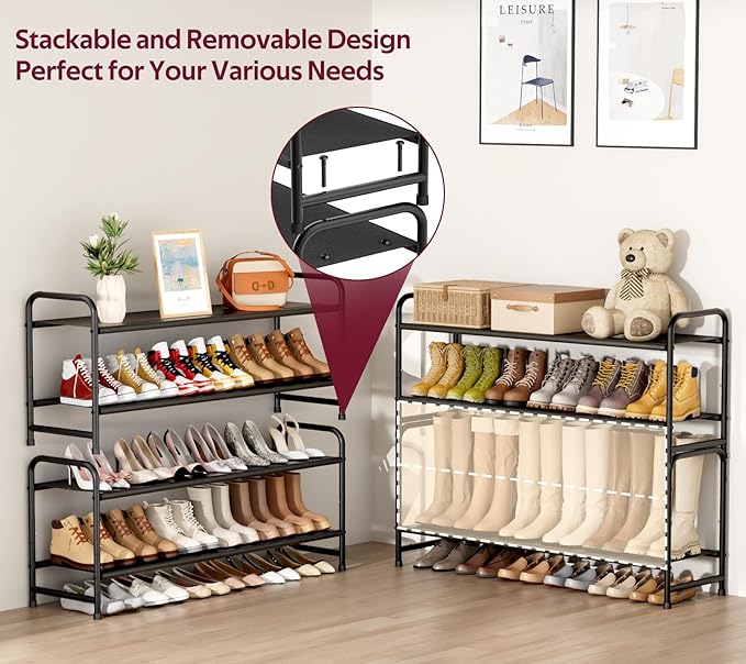 SLEEPING LAMB Long 2-Tier Shoe Organizer for Closet, Stackable Wide Shoe Rack Holds 18-Pairs Low Shoe Shelf Storage for Bedroom, Floor, Entryway(Black)