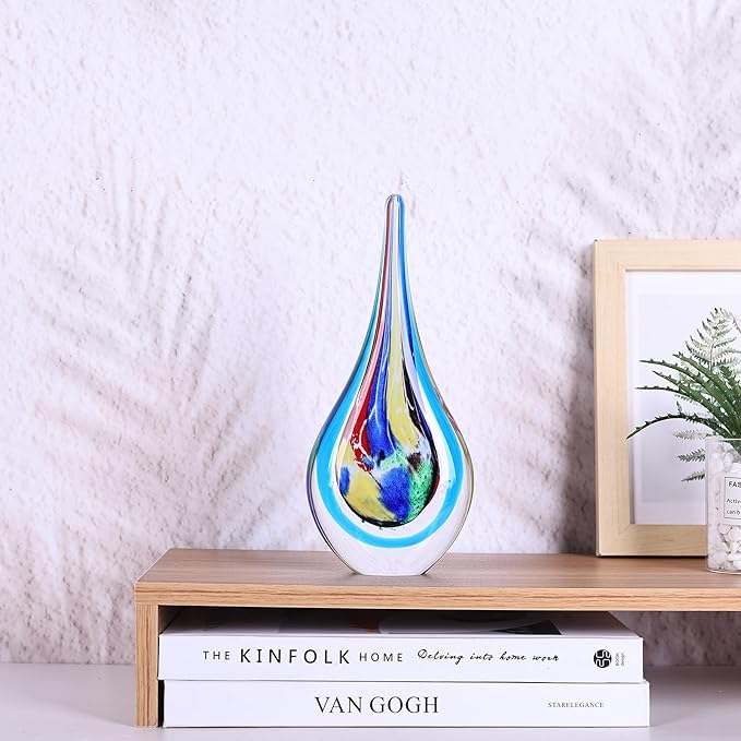 DOVDOV Blown Glass Sculpture, Stained Glass Art Teardrop Statue, Unique Ocean Theme Decoration for Office, Bookshelf, Dresser, Living Room Coffee Table, Fireplace countertop Decoration.