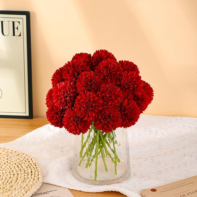 Kimura's Cabin Fake Flower Artificial Flowers 20pcs Silk Chrysanthemum Ball Hydrangea Arrangements Wedding Bouquets Decor Home Kitchen Garden Party Table Floral centerpieces DIY(Red)