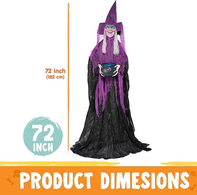 JOYIN 72” Halloween Decorations Standing Witch with Cauldron, Scary Ghost Decor with Sound and Lights, Sound-Activated for Haunted House Yard Lawn Garden