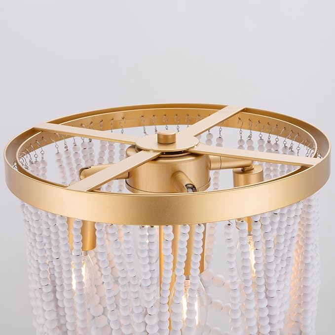 Wellmet Gold Floor Lamp With White Wood Beads for Living Room, Bedroom - Unique Round Decorative Lighting Fixture 60'' for Sofa, Bedside, Corner - DS-FL016