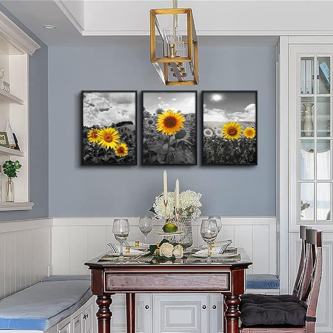 Black Framed Wall Art For Living Room Wall Decor For Bedroom Sunflower Flowers Wall Paintings Room Decor Black And White Pictures Artwork Kitchen Home Decoration Set of 3 Piece Framed Art Prints