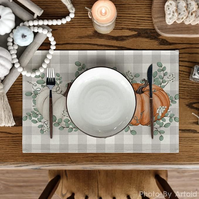 Artoid Mode Orange Pumpkins Eucalyptus Leaves Fall Placemats Set of 6, 12x18 Inch Seasonal Autumn Table Mats for Party Kitchen Dining Decoration